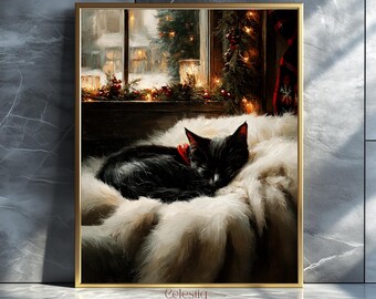 May include: A framed art print depicts a black cat sleeping on a fluffy white blanket. The cat wears a red ribbon. The background shows a window with a snowy scene and Christmas decorations. The artwork is signed "Celestiq ART".