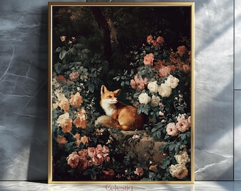 Vintage Fox in Rose Garden Art Print: Enchanted Woodland Digital Download