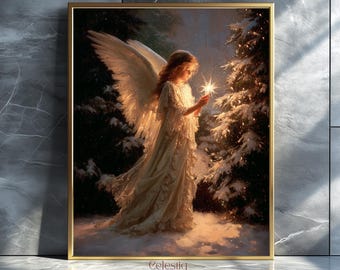 Christmas Angel Printable Wall Art, Candlelit Christmas Religious Setting, Digital Download