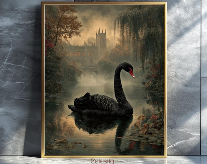 Black Swan Art Printable, Vintage Oil Painting Swan Bird Victorian Wall ...
