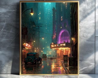 Op de afbeelding: Een ingelijste kunstdruk die een vintage stadsstraatscène 's nachts weergeeft. Het kunstwerk heeft een teal en paars kleurenpalet, met een klassieke auto en een theaterreclamebord. De print is ingelijst in een goudkleurige lijst. Handtekening van de kunstenaar rechtsonder.
