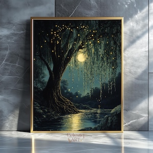 May include: A framed art print depicts a nighttime scene with a large tree, a full moon, and a river. The tree has glowing lights in its branches. The artwork is in a gold frame and features the text "Celestiq ART".