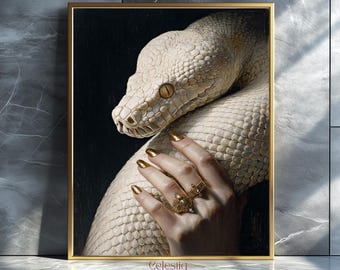 Impresión de Pitón Albina: Arte mural de serpiente gótica, decoración de fantasía oscura (Descarga digital)