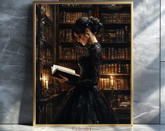 Victorian Woman Reading Bookish Wall Art, Moody Reading Nook Painting Dark Academia Decor, Librariancore Print, Book Lover Gift