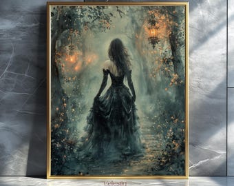 Gemälde einer Hexe aus dem dunklen Wald, herbstliche Halloween-Dekoration im Hexenhäuschen, stimmungsvolle Vintage-Wandkunst für Halloween