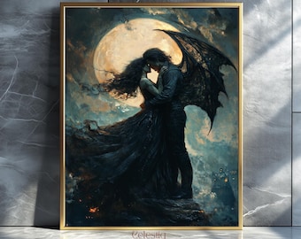 May include: A framed art print depicts a romantic scene with a couple embracing under a full moon. The man has large, dark wings. The woman wears a flowing black gown. The artwork is in a gold frame and features the text "Celestiq ART".