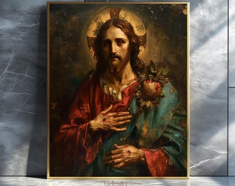 Kunstdruck „Heiliges Herz Jesu“: Christliche Wanddekoration im Vintage-Renaissance-Stil (Digitaler Download)
