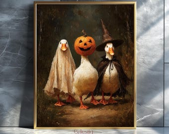 Halloween Goose Art Print, Cute Halloween Wall Art, Spooky Animal Digital Art, Printable Fall Decor, Funny Witch Ghost Pumpkin Goose
