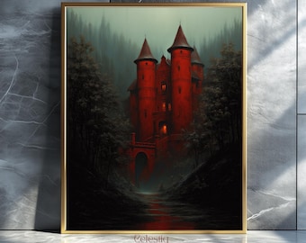 Blutmond Dracula Dark Gothic Castle Kunstdruck, Dark Academia Goth Dark Ölgemälde, launische Wandkunst, herunterladbare druckbare dunkle Kunst