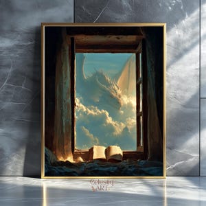 May include: A framed art print depicts a white dragon soaring through a cloudy sky, viewed through an open window. An open book rests on the windowsill. The artwork has a gold frame and the text "Celestiq ART" at the bottom.