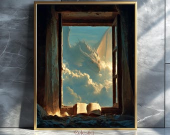 May include: A framed art print depicts a white dragon soaring through a cloudy sky, viewed through an open window. An open book rests on the windowsill. The artwork has a gold frame and the text "Celestiq ART" at the bottom.