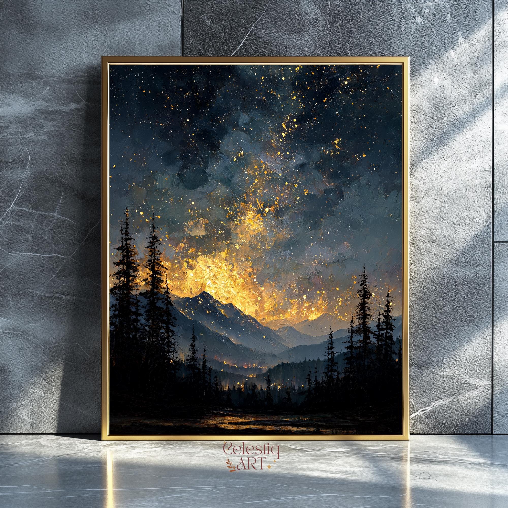 Night Sky Mountain Digital Art Print: Gold Starry Fantasy Moody Canvas ...