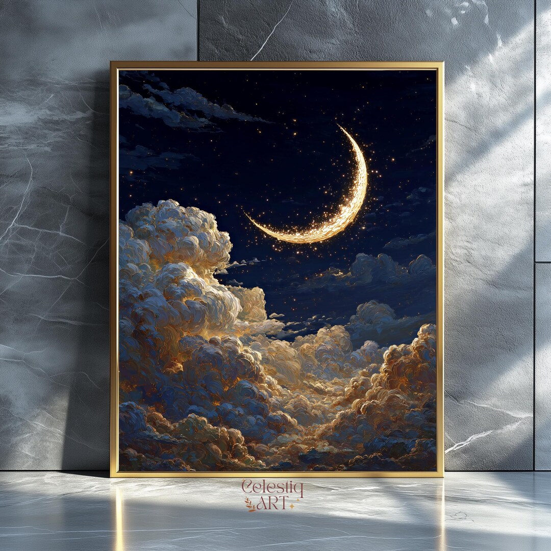 Crescent Moon in Clouds Wall Art Print, Celestial Gothic Artwork ...