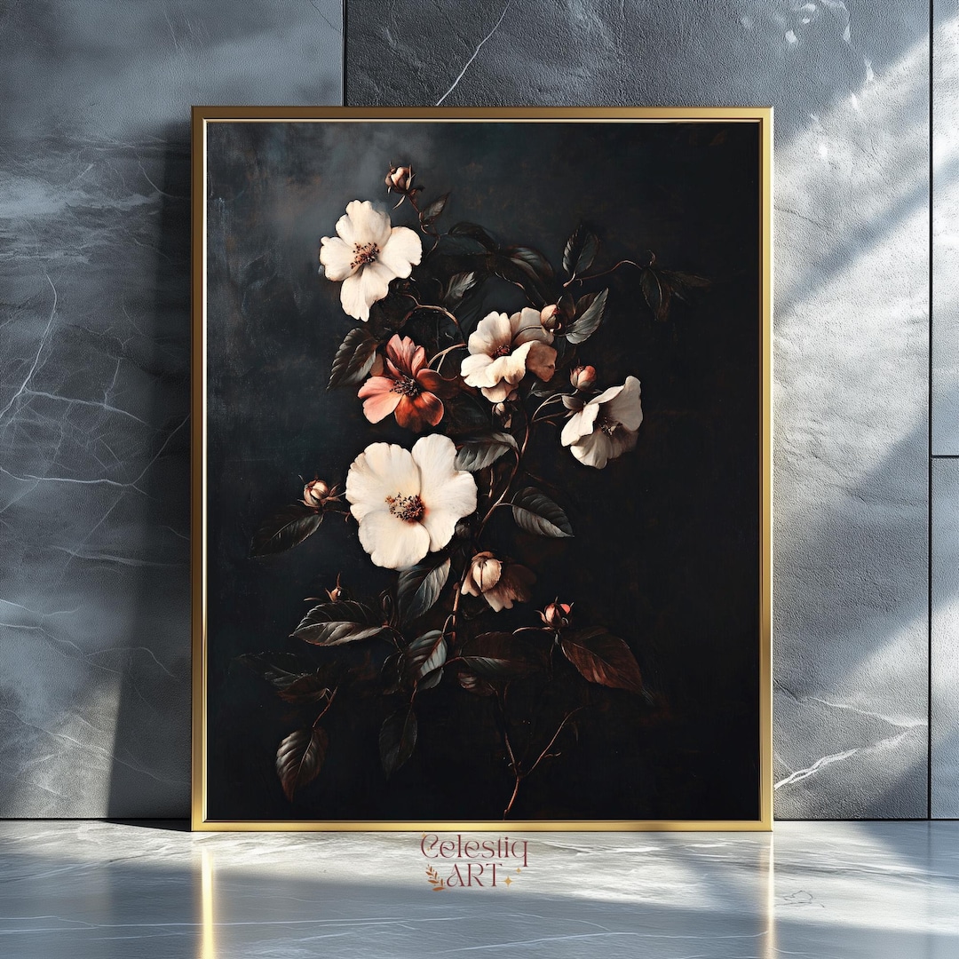 Moody Dark Floral Digital Art Print: Vintage Botanical Painting Gothic ...
