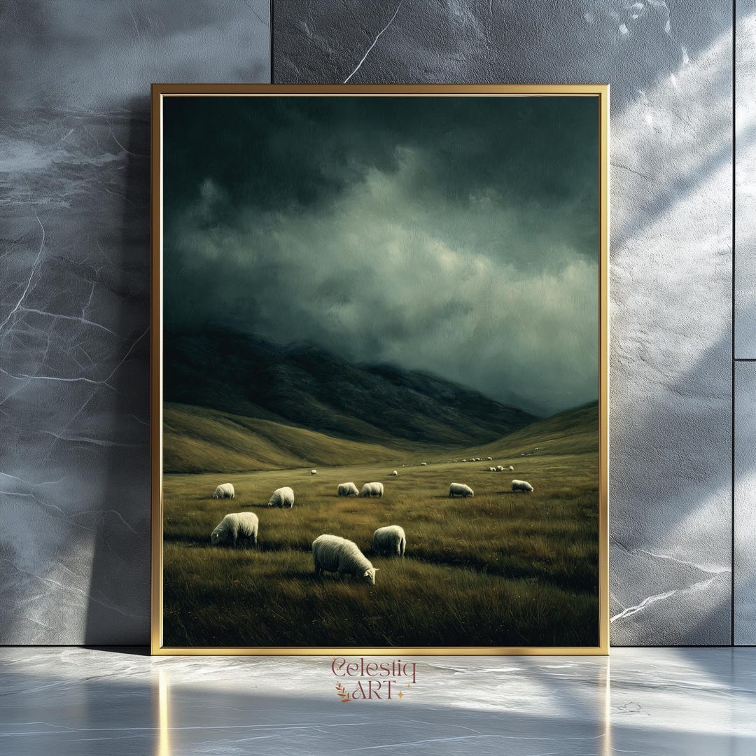 Sheep Grazing Landscape Art Print: Farmhouse Cottagecore (digital ...