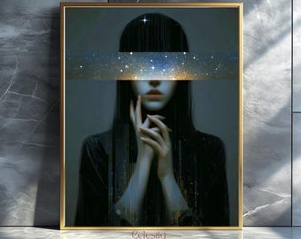 May include: A framed art print featuring a surreal portrait of a person with long black hair and clasped hands. The artwork includes a celestial design with stars and a gold frame. The artist's signature, "Celestiq ART," is visible.
