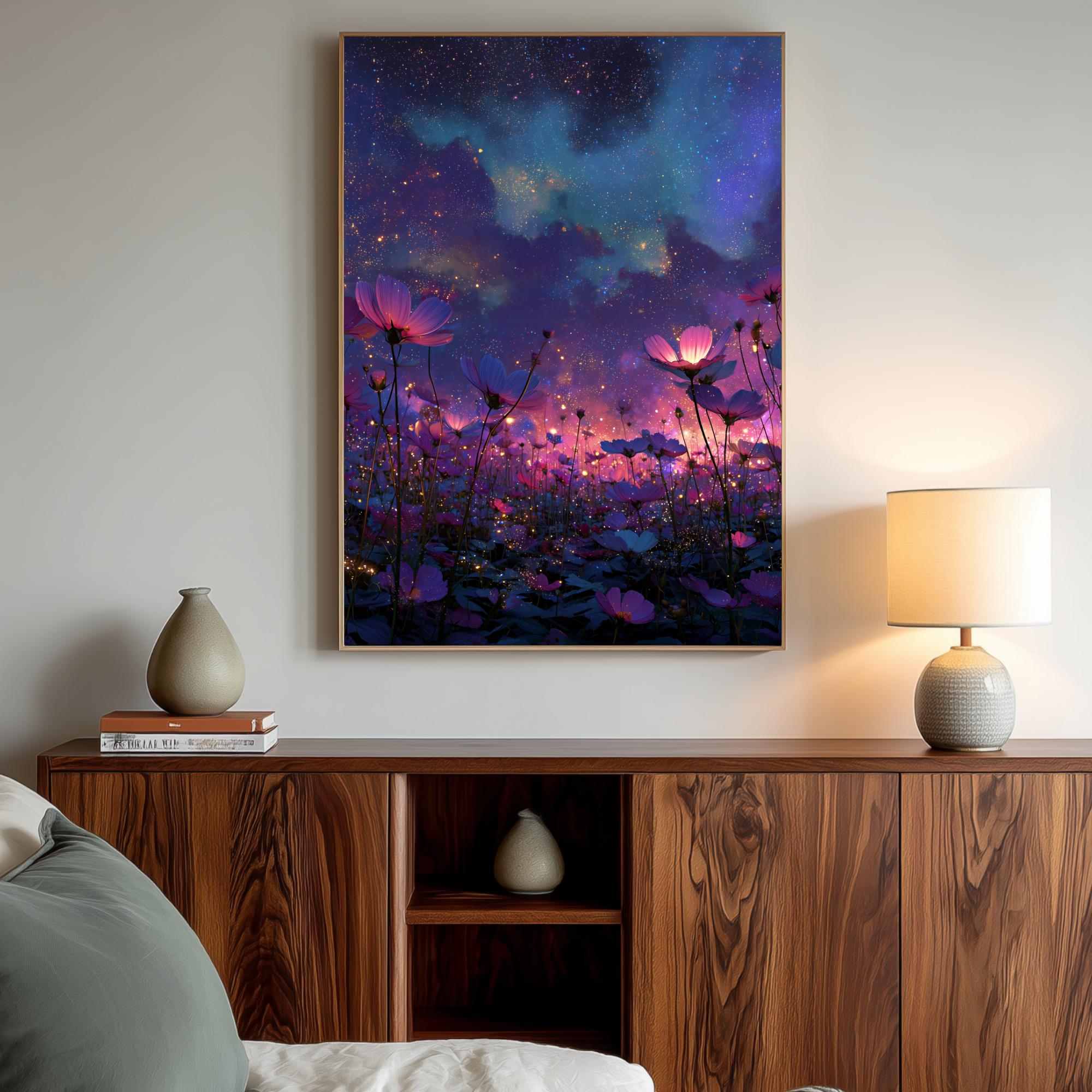 Wildflower Field Under Starry Night Sky: Mystical Floral Galaxy Wall ...