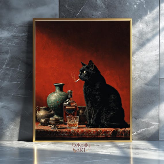 Black Cat Smoking a Cigarette Print Funny Animal Art Vintage Oil Painting  Whimsical Wall Art Poster for Bar Cart Quirky Kitchen Wall Decor