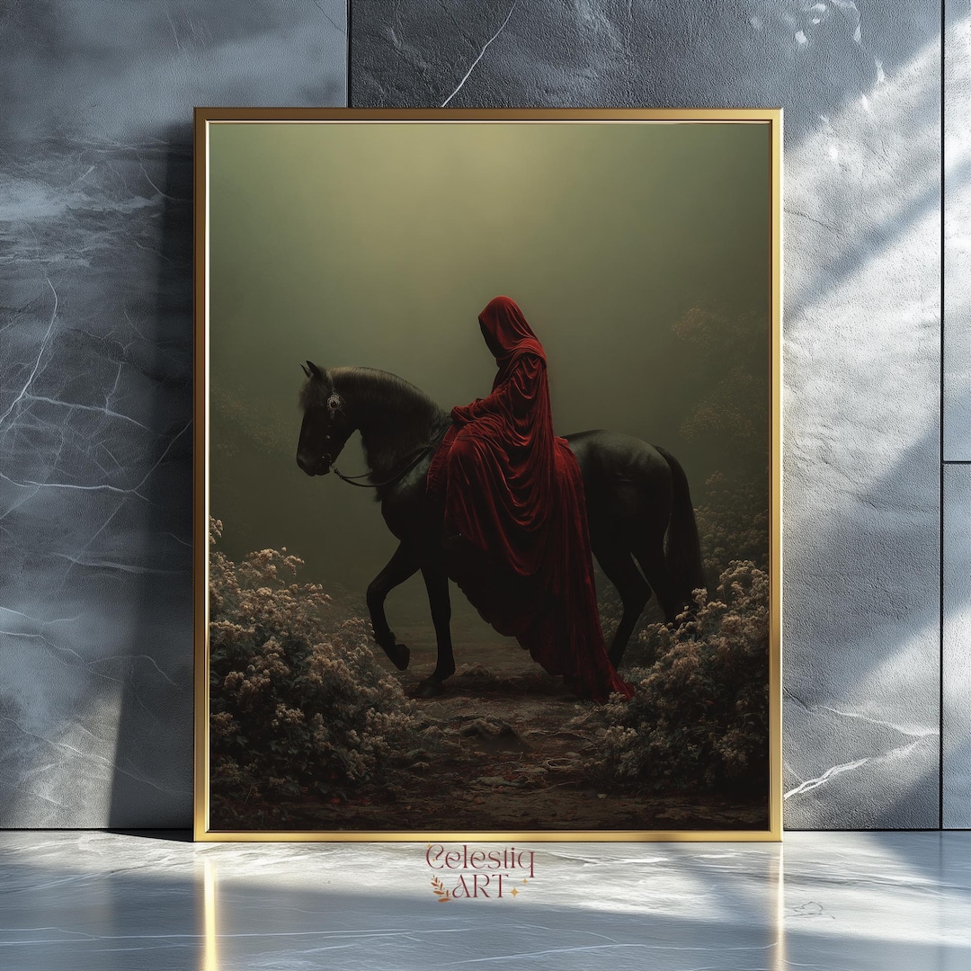 Dark Fantasy Wall Art, Rider in Red Cloak on Black Horse, Gothic ...