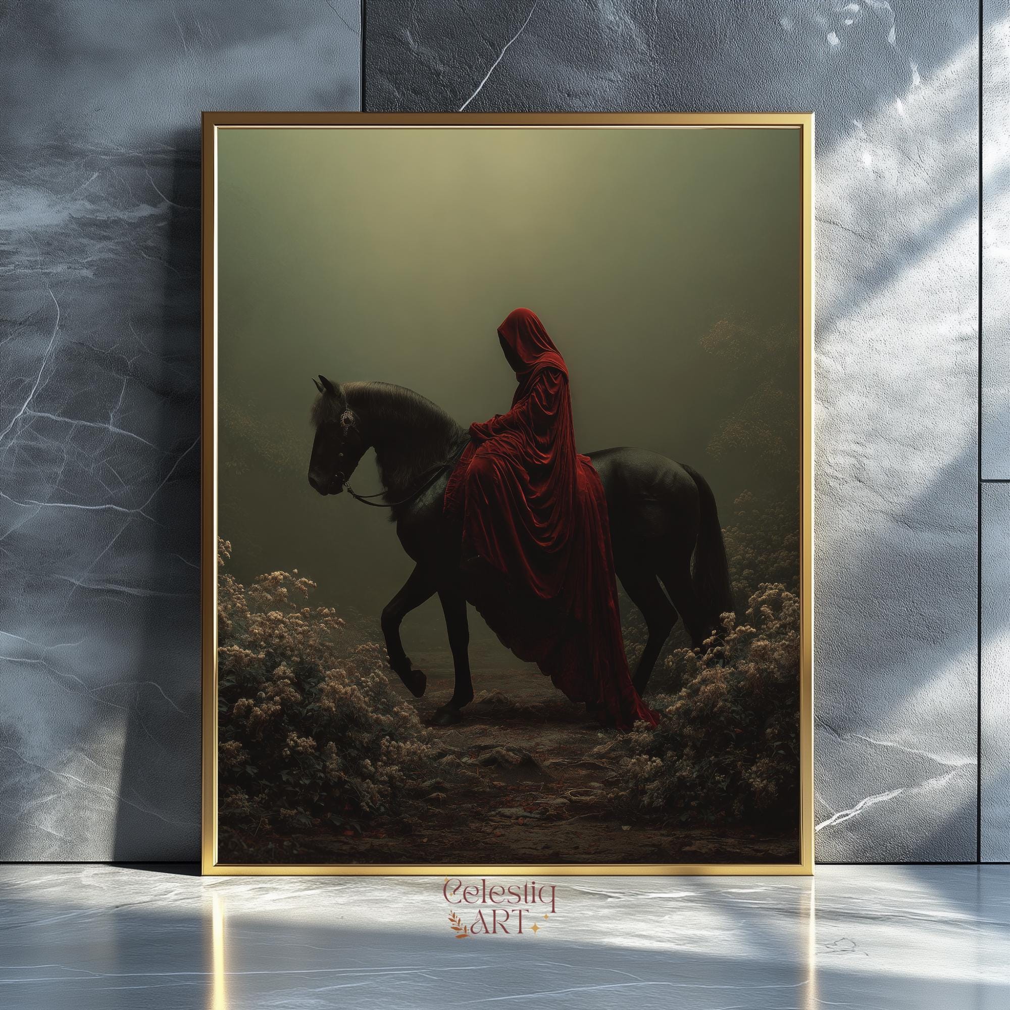 Dark Fantasy Wall Art, Rider in Red Cloak on Black Horse, Gothic ...