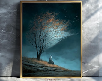 Spooky Ghost Art Print, Moody Vintage Halloween Decor (Digital Print)