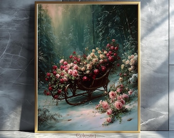 Vintage Winter Sleigh Art Print, Rustic Holiday Decor (Digital Download)