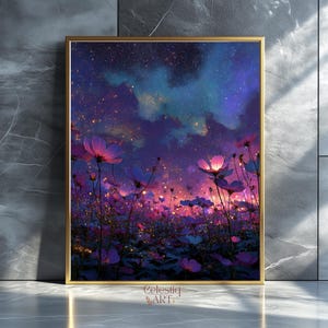 以下が含まれることがあります： 星空の下のピンクと紫の花の野原を描いた、額入りのアートプリント。 作品は金のフレームに入っており、下隅に「Celestiq ART」の文字があります。