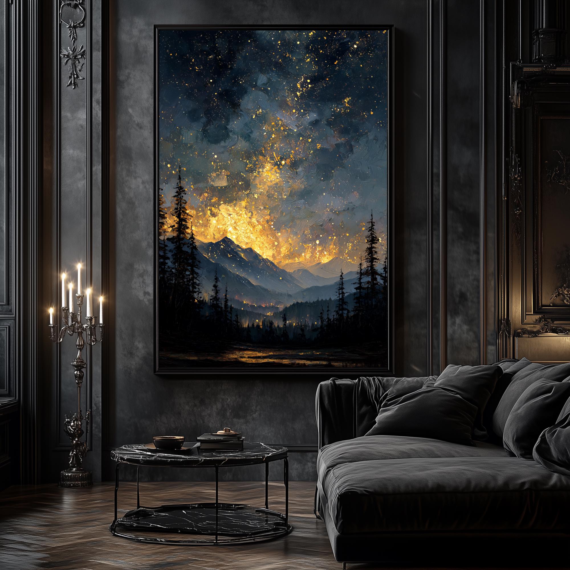 Night Sky Mountain Digital Art Print: Gold Starry Fantasy Moody Canvas ...