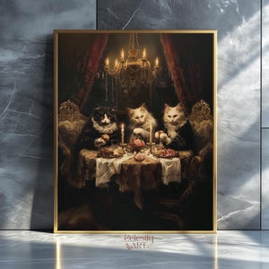 Arte stampabile di gatti gotici stravaganti, arredamento cottagecore Dark Academia, dipinto di gatti estetici vintage, incantevole regalo di arte murale fantasy