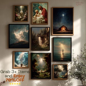 May include: A collection of framed religious art prints. The prints depict biblical scenes with figures in various settings, including landscapes, and celestial backgrounds. The frames are in various colors, including black and wood tones. The text "Grab 3+ Items and Enjoy 70% OFF" is visible.