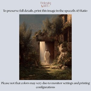 May include: An artistic print depicting a figure in a white robe walking towards a bright doorway. The image is set in a stone structure with lush greenery and the text "Celestiq ART" at the top. The text "To preserve full details, print this image in the specefix 4:5 Ratio" is also included.