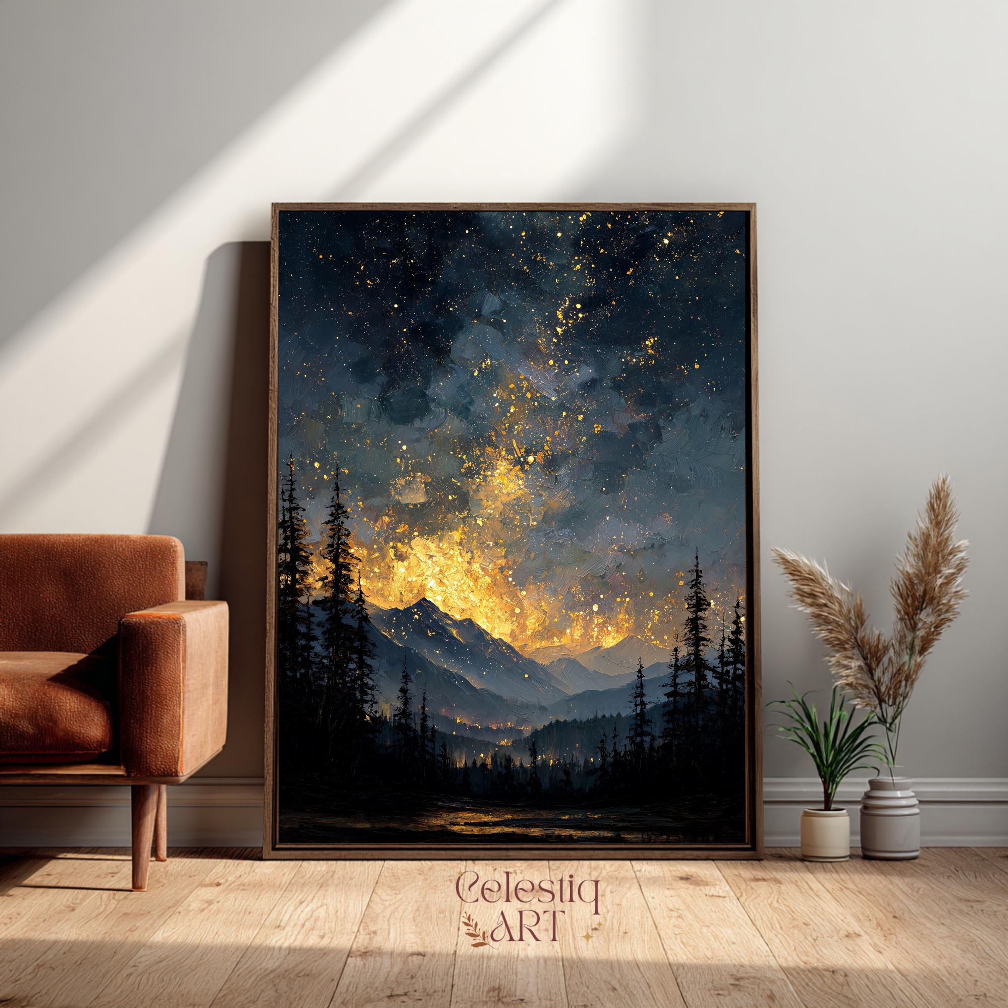Night Sky Mountain Digital Art Print: Gold Starry Fantasy Moody Canvas ...