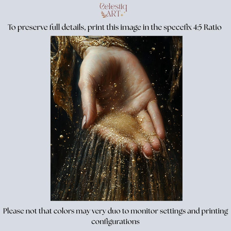 May include: A hand pours golden sand, creating a shimmering waterfall of glitter. The image is a close-up, focusing on the hand and the falling sand.
