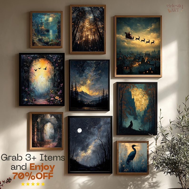 Night Sky Mountain Digital Art Print: Gold Starry Fantasy Moody Canvas ...