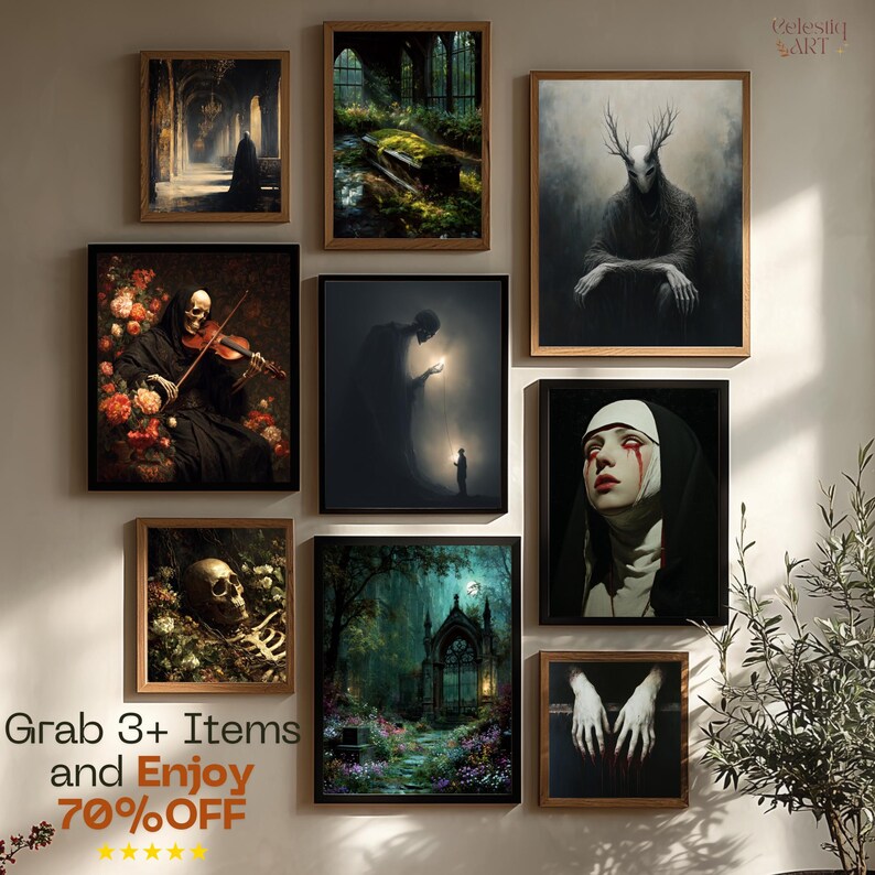 May include: A collection of framed art prints with a gothic theme. The artwork includes images of a cloaked figure in a hallway, a figure with antlers, a skeleton playing a violin, and a nun with tears. The text reads "Grab 3+ Items and Enjoy 70% OFF".