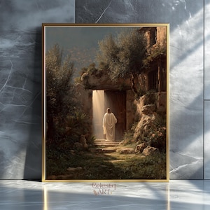 May include: A framed print of a religious scene. A figure in white robes walks toward a bright light emanating from an open doorway. The artwork is set in a stone structure with lush greenery and a golden frame. The artist's name, Celestiq ART, is visible.