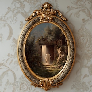 May include: An oval-shaped, ornate gold-colored framed painting. The painting depicts a figure in white robes walking towards a bright light emanating from a stone doorway. The frame has intricate scrollwork and a decorative top.