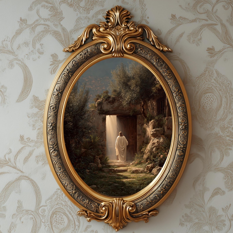 May include: An oval-shaped, ornate gold-colored framed painting. The painting depicts a figure in white robes walking towards a bright light emanating from a stone doorway. The frame has intricate scrollwork and a decorative top.