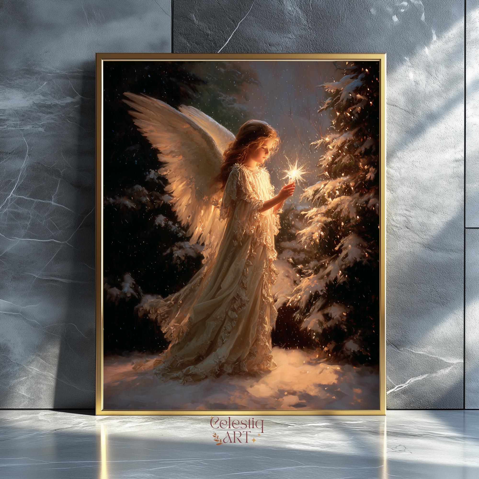 Christmas Angel Printable Wall Art, Candlelit Christmas Religious