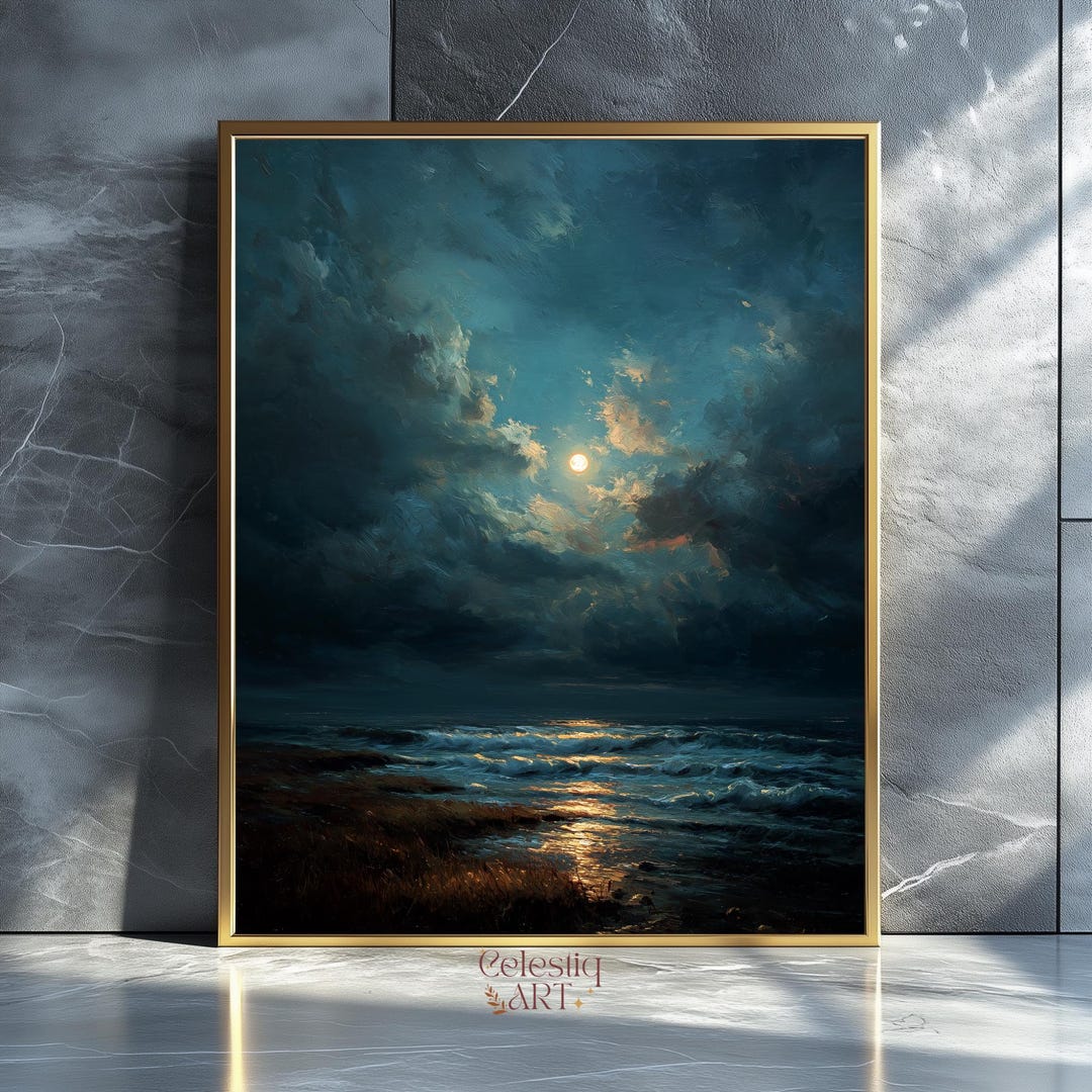 Dark Night Sky Painting - Antique Moody Landscape Art, Vintage Moon ...