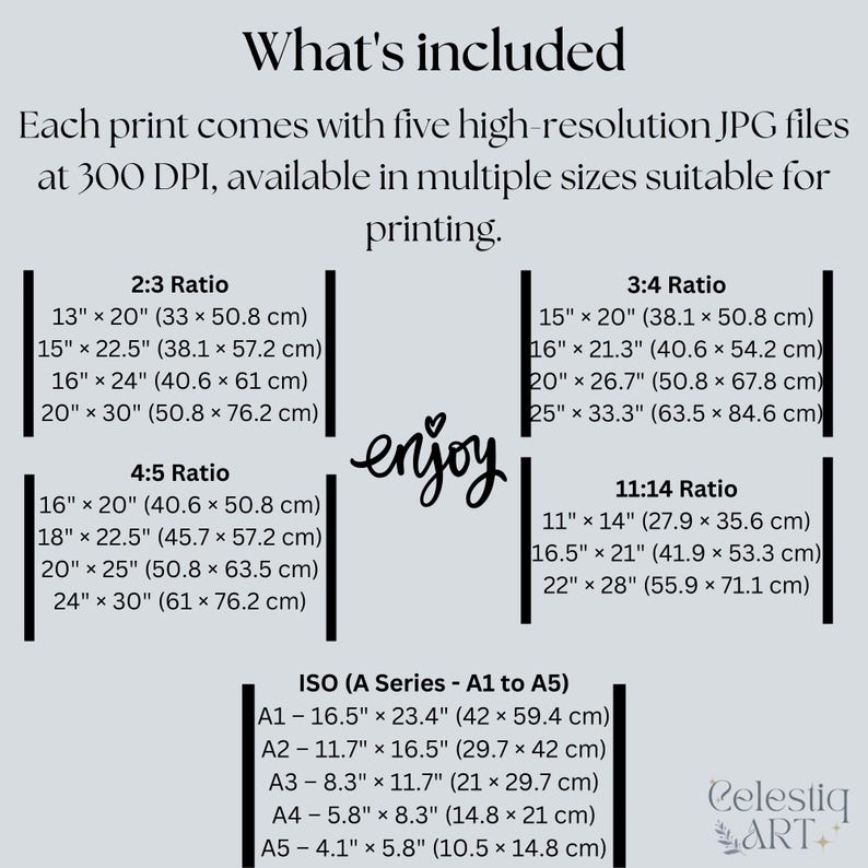 May include: A digital print information sheet with text detailing print sizes in 2:3, 3:4, 4:5, 11:14, and ISO ratios. Includes sizes like 16" x 20" (40.6 x 50.8 cm) and A1-16.5" x 23.4" (42 x 59.4 cm). The word "enjoy" is written in cursive.