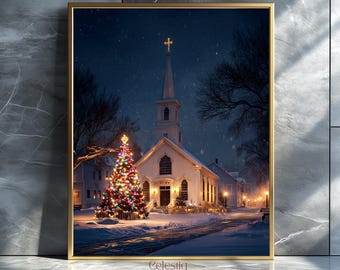 May include: A framed print of a snowy Christmas scene. A white church with a steeple and cross is lit up, with a decorated Christmas tree in front. The image has a gold frame and the text "Celestiq ART" at the bottom.