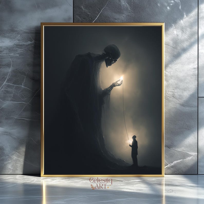 May include: Framed art print featuring a surreal scene with a large skeletal figure holding a glowing light, connected by a string to a smaller figure. The artwork is in shades of gray and gold, with the text "Celestiq ART" in the bottom corner.