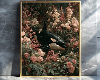 Orca Killer Whale Painting, Surreal Animal Gothic Maximalist, Orca Rose Garden Digital Art Print