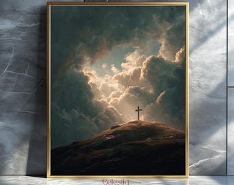 Serene Countryside with Cross Print, Spiritual Moody Cloudscape Faith Religious Decor, Digital Download