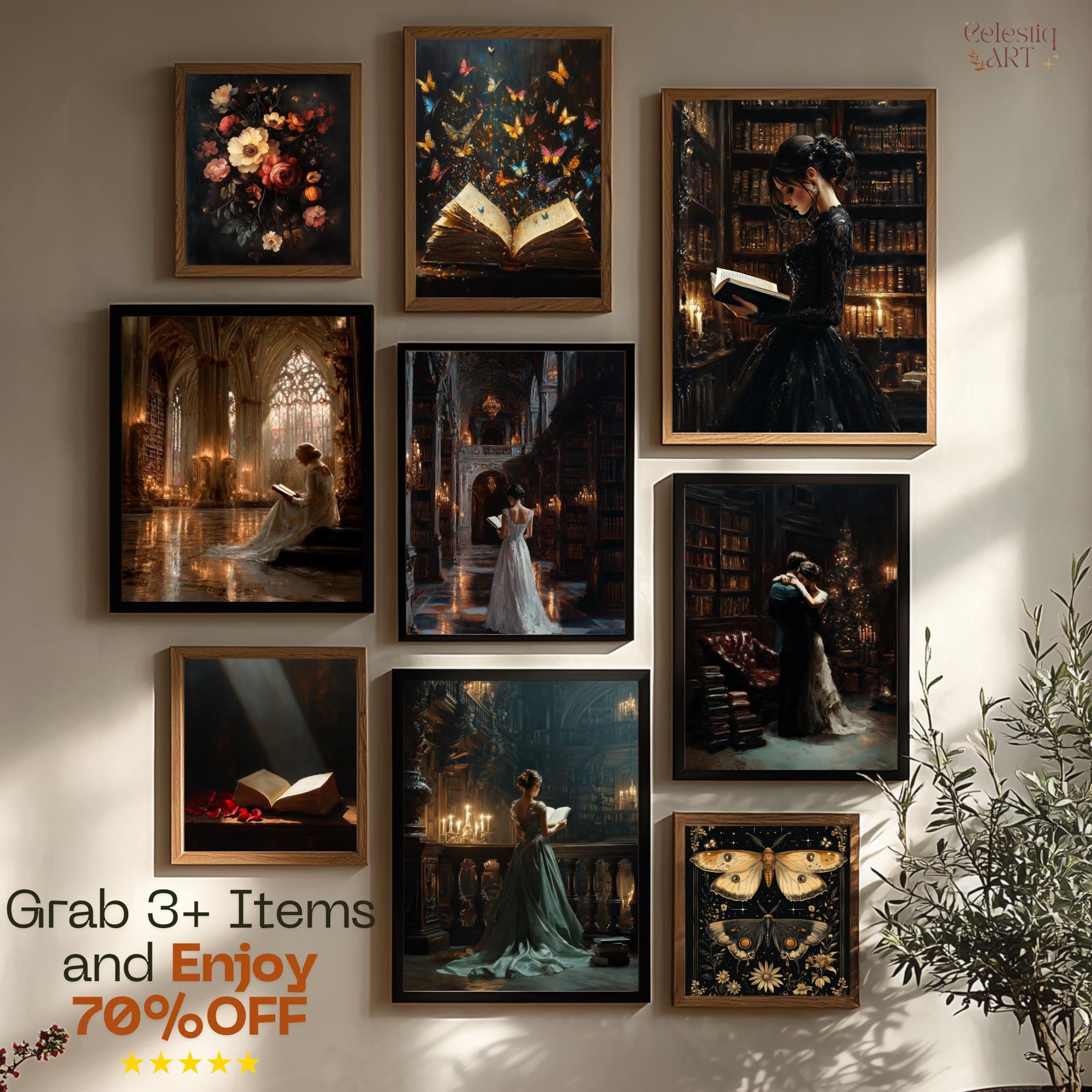 Dark Academia Library Digital Art Print: Moody Gothic Reader Book Nook ...