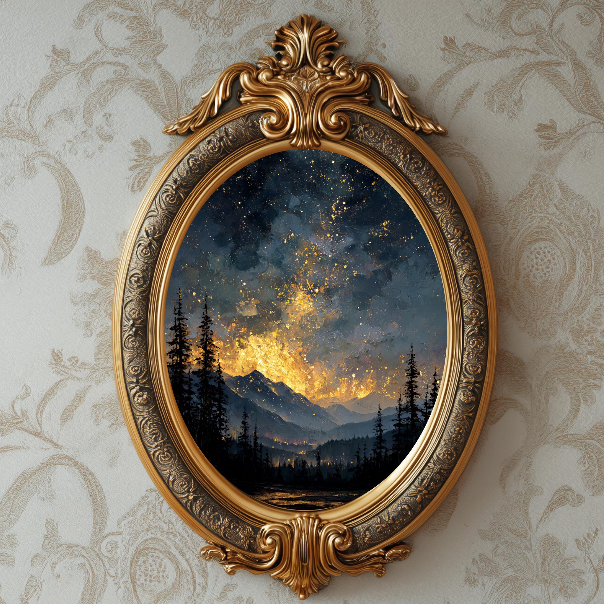 Night Sky Mountain Digital Art Print: Gold Starry Fantasy Moody Canvas ...