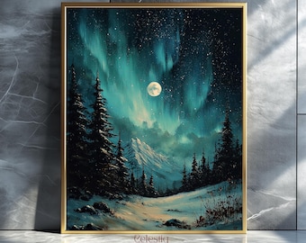 Moonlit Winter Forest Art Print, Vintage Snowy Landscape Moody Wall Art Rustic Decor Night Painting Digital Download