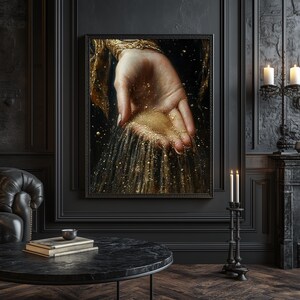 May include: A hand pours golden sand from its cupped palm, the sand cascading down in a shimmering stream. The hand is depicted in a painterly style, with rich details and a dramatic lighting effect.