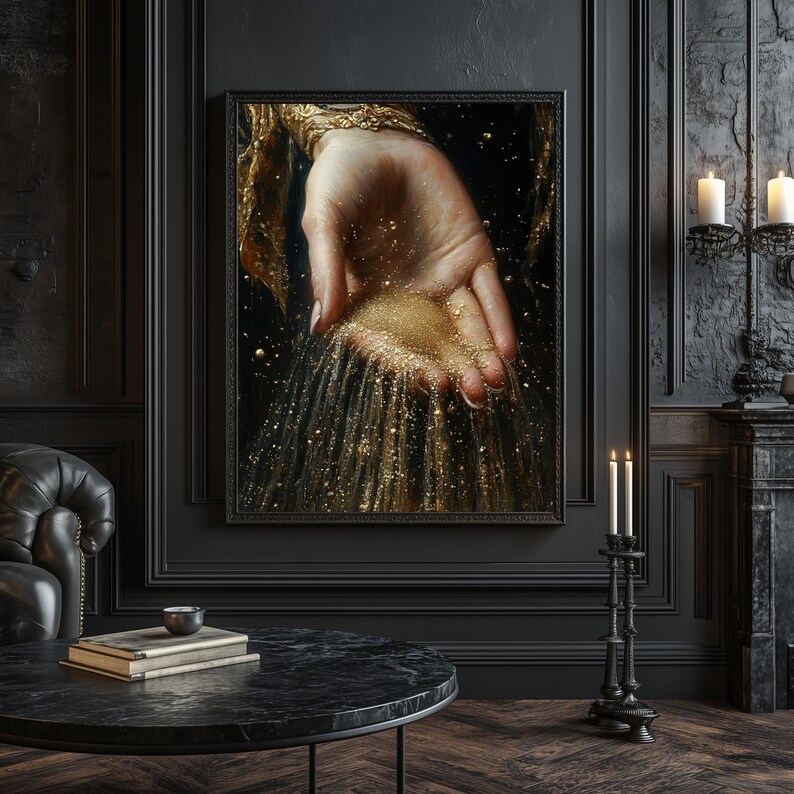 May include: A hand pours golden sand from its cupped palm, the sand cascading down in a shimmering stream. The hand is depicted in a painterly style, with rich details and a dramatic lighting effect.